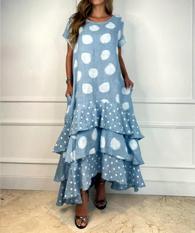 Vacation Style Wholesale Women's Vacation Printing Round Dots Holiday Daily Round Neck Short Sleeve Swing Dress