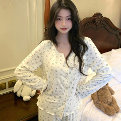 法式新款睡衣女带胸垫碎花甜美莫代尔亲肤长袖长裤女士可外穿套装