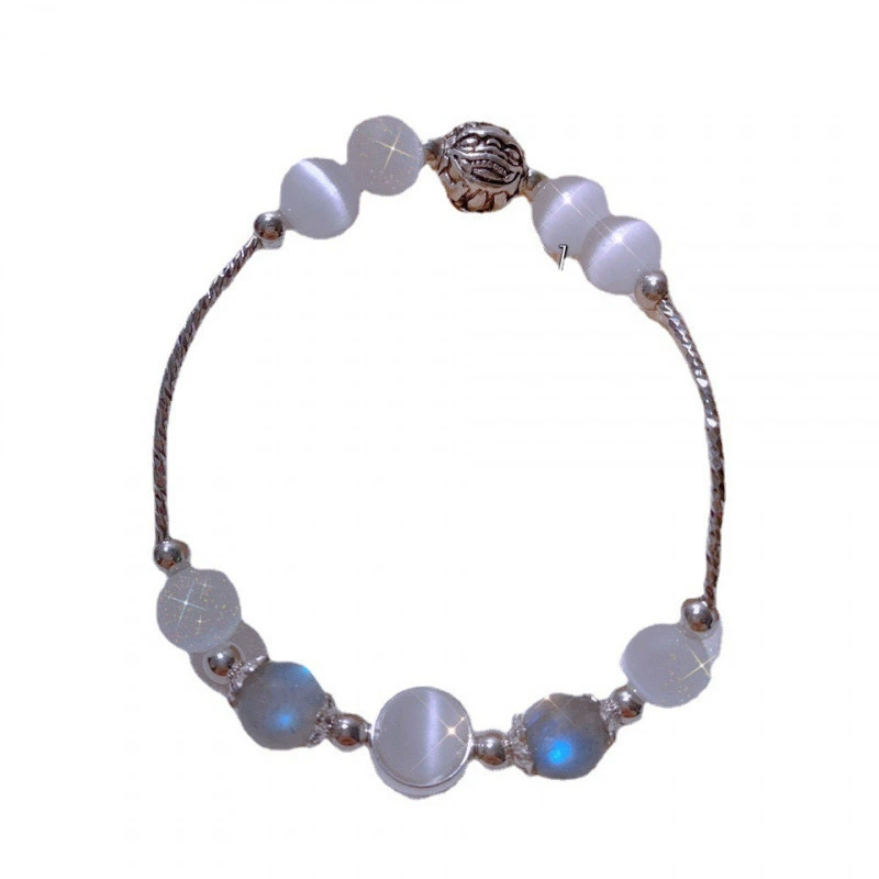 Brand silver bracelet for beloved with rhinestones for men and women, cat's eye, moonstone