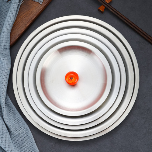 Korean 304 stainless steel round plate hot pot dish beef plate barbecue plate golden tray dinner plate barbecue plate tableware