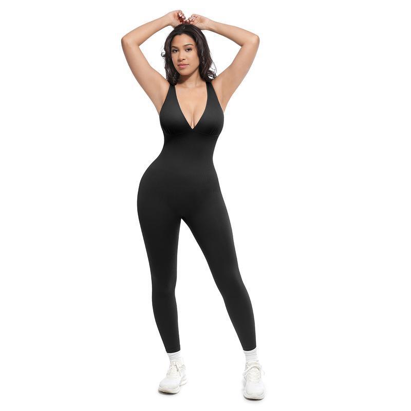 Women's High-Waisted Workout Jumpsuit | Stretchy Yoga Bodysuit With V-Neck & Back Support | Tummy Control Fitness One-Piece (Red/Black/Brown) S-3XL_ecoleips.com
