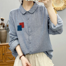 日系彼得潘娃娃领复古拼色贴布衬衣千鸟格双层棉纱宽松显瘦衬衫女