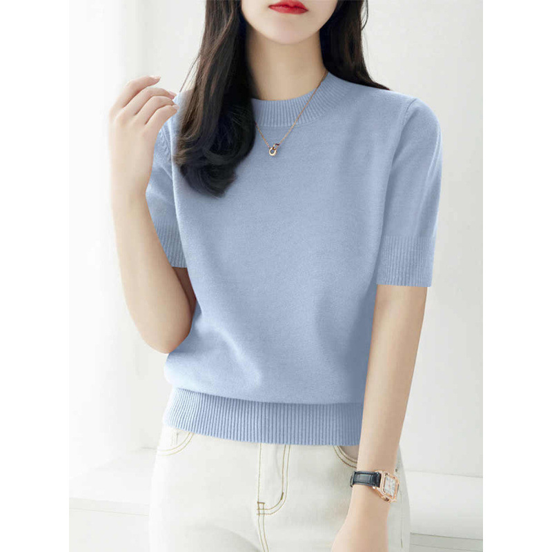 Light Blue Knitted Short-Sleeve T-Shirt for Women, Summer Wear, Mid-Sleeve Base Shirt, Stylish High-End Three-Quarter Sleeve Top Light Blue Knitted Short-Sleeve T-Shirt for Women, Summer Wear, Mid-Sleeve Base Shirt, Stylish High-End Three-Quarter Sleeve Top