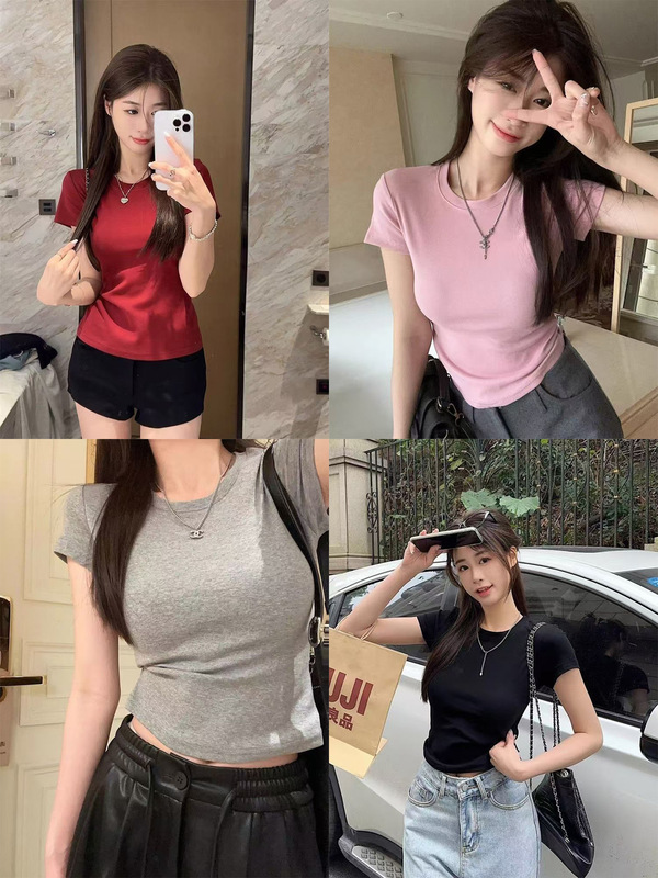 韩系正肩修身短袖T恤女2025夏季掐腰短款纯色女装ins上衣时尚百搭|undefined