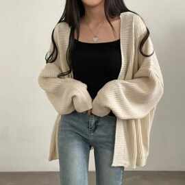外贸针织显瘦款毛衣女春秋冬纯色宽松版休闲慵懒百搭针织开衫外套