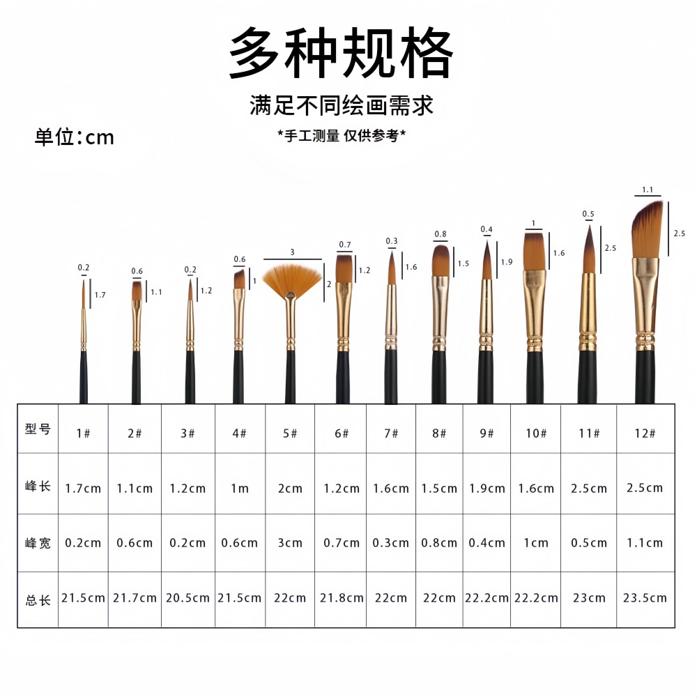 12 cepillos de pintura de pelo de nylon, DIY pincel de pintura de graffiti, traje de pincel de acuarela gouache, al por mayor