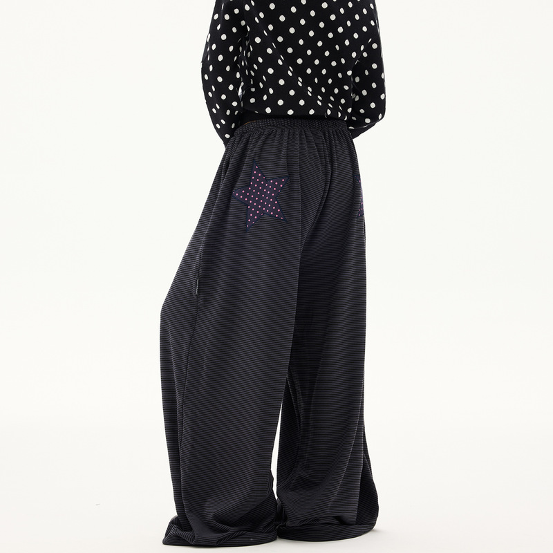 American-Style Star Embroidery Striped Design Wide-Leg Casual Pants for Women, Autumn Drapey Lazy Style Floor-Length Sweatpants