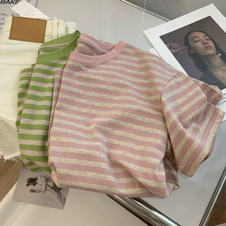 条纹撞色t恤减龄洋气宽松短袖2025夏季新款女圆领内搭上衣打底衫