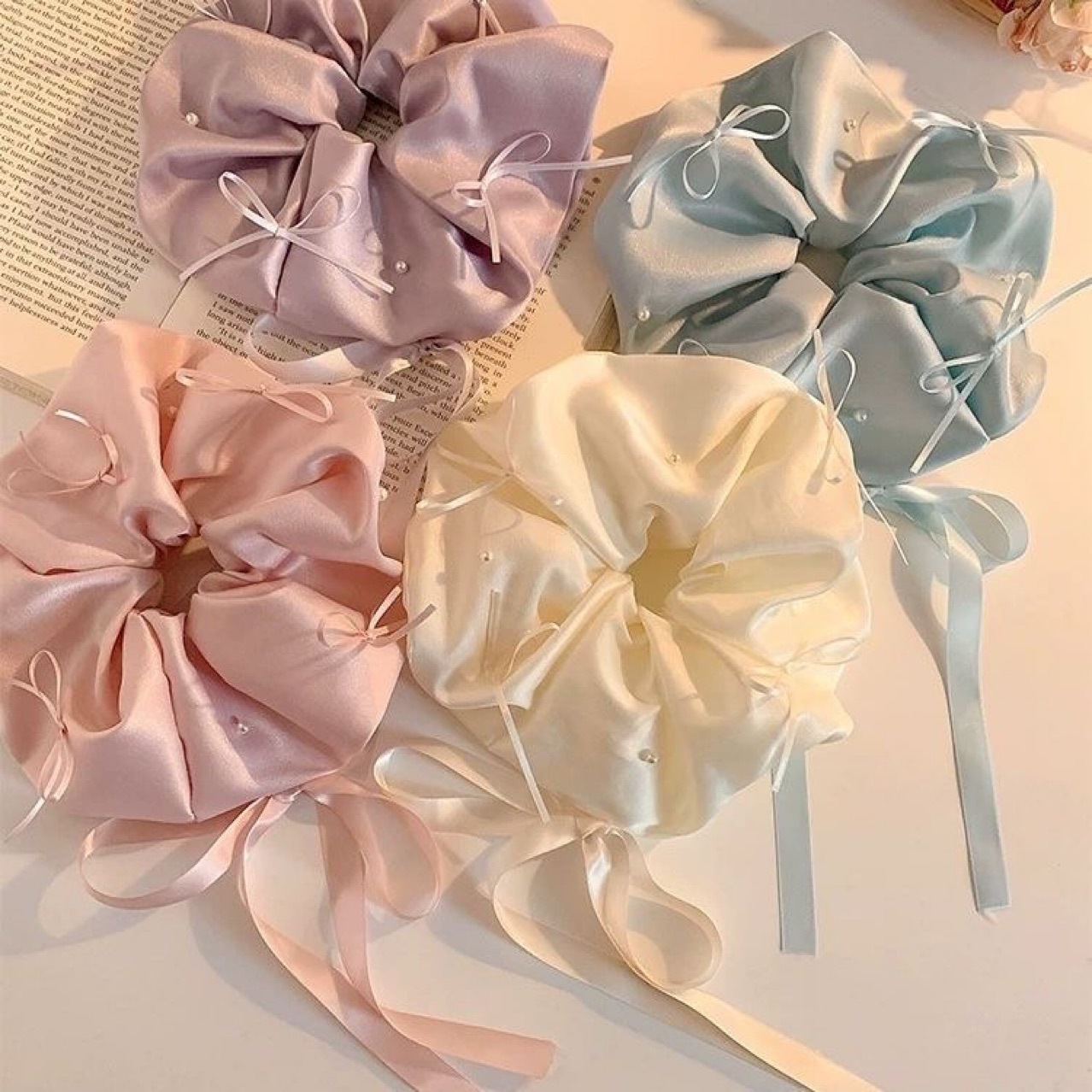 Chouchou en satin bleu perle avec nœud papillon pour femme, accessoire haut de gamme de style coréen, élastique extra large_voghion.com