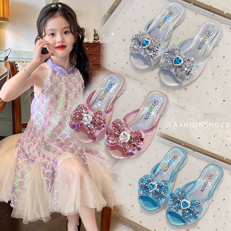 Girls' Small High-Heeled Princess Slippers, New Summer Style, Girls' Bow-Knot Rhinestone Sequin Slippers, Open-Toe Outdoor Wear