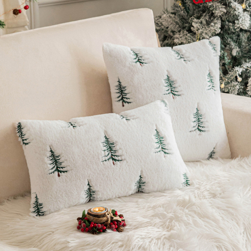 Imitation Rabbit Fur Plush Pillow Cover Christmas Tree Embroider Living Room Sofa Cushion Cushion Christmas Atmosphere Decoration