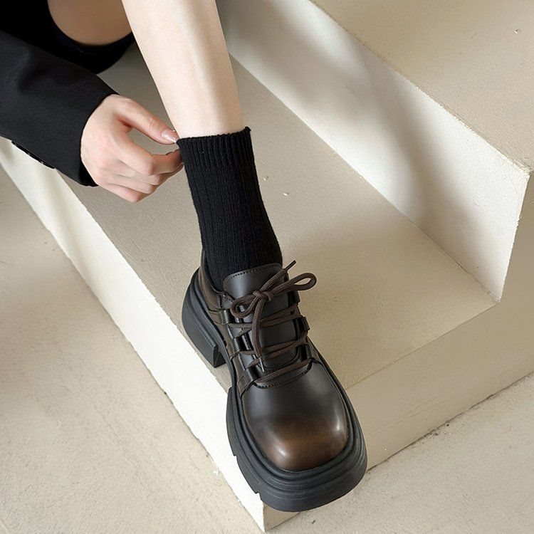 Retro Thick-Soled Flats for Women, Round-Toe Lace-Up Platform Shoes, 2026 New Autumn British Style High-Heeled Leather Shoes, Brown