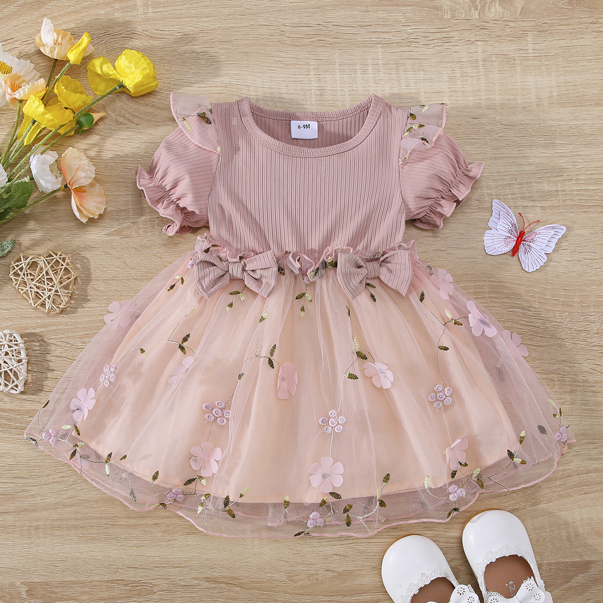 Pink Floral Embroidered Mesh Dress for Girls 3-6 Months