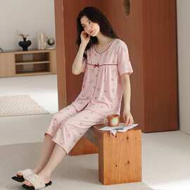 夏季新款纯棉女短袖七分裤开衫睡衣印花休闲女家居服图片色圆领