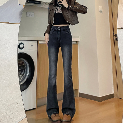 Women's New Autumn/Winter Fleece-Lined Bell Bottom Pants, Black and Grey, High-Waisted, Slimming, Thickened, Double Button, Micro-Bell Bottom Denim Pants for Petite Figures