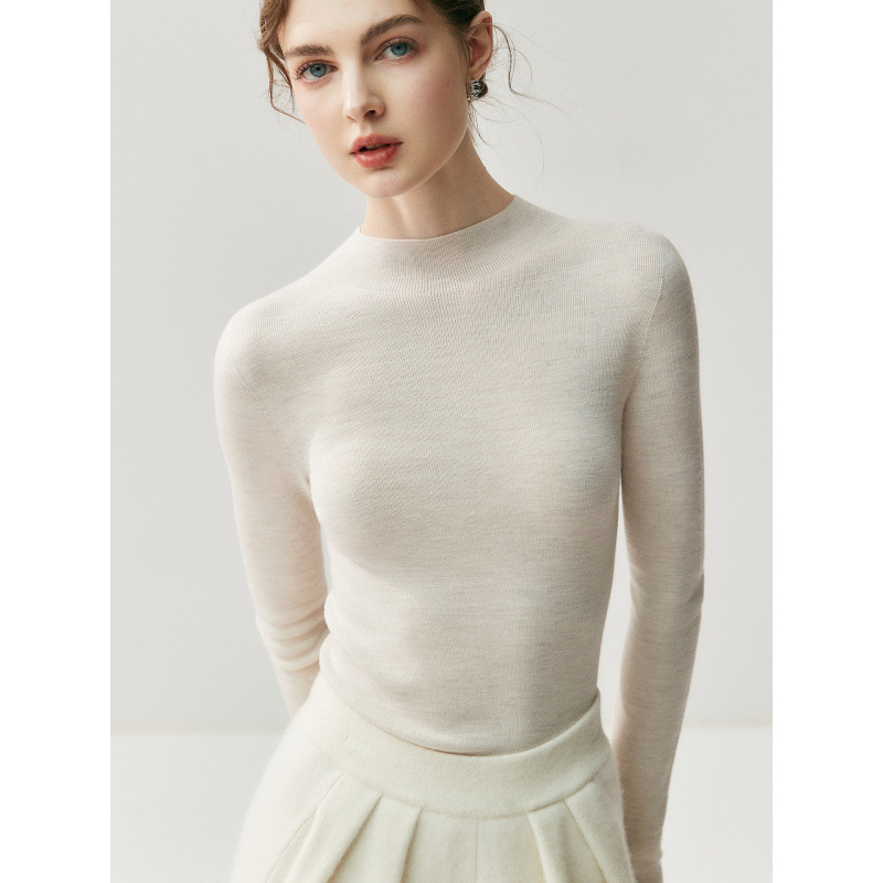 Machine Washable Seamless One-Line 100% Pure Wool Knitwear Women's Half Turtleneck Thin Knitwear with Slim Bottoming Knitwear