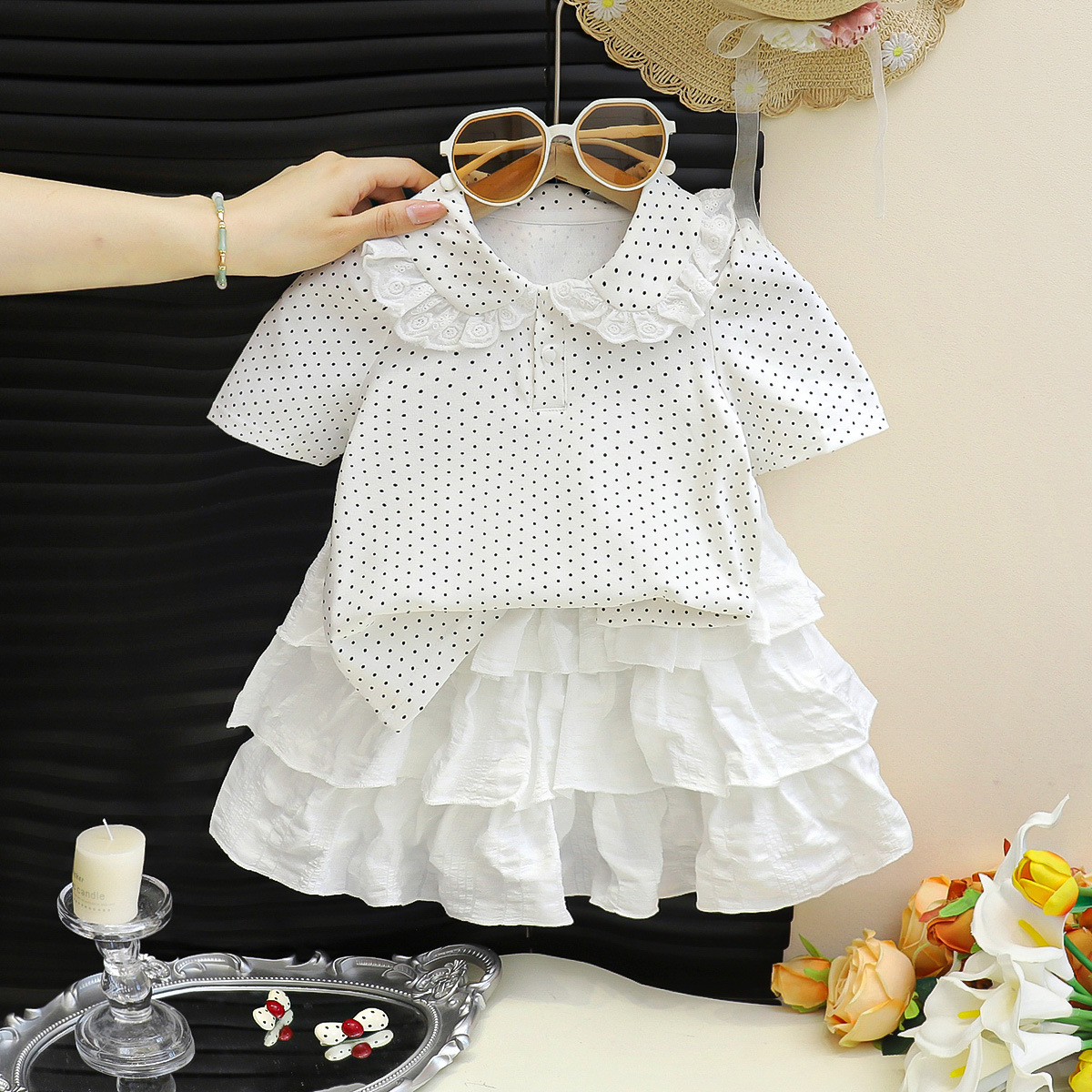 Niñas trajes de verano nuevo polo polo punto ondulado con solapa mangas cortas pastel vestido de niña ropa de bebé de verano ropa infantil