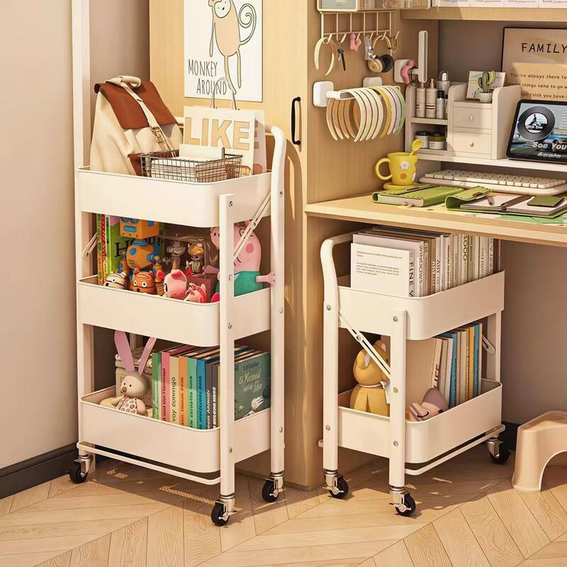 Foldable Storage Rack Trolley, Multi-Layer Carbon Steel, No Installation Required, for Snacks, Toys, Bookshelf, with Wheels, Easy to Move