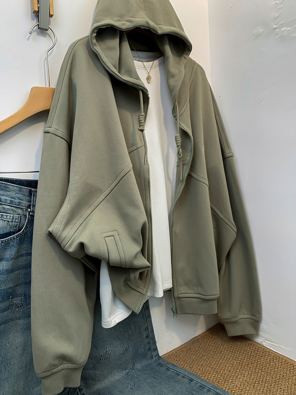 初秋の薄手のジャケット、緑色のジッパー付きフード付きカーディガン、レディース春秋秋用ゆったりオーバーサイズ秋冬厚手|undefined