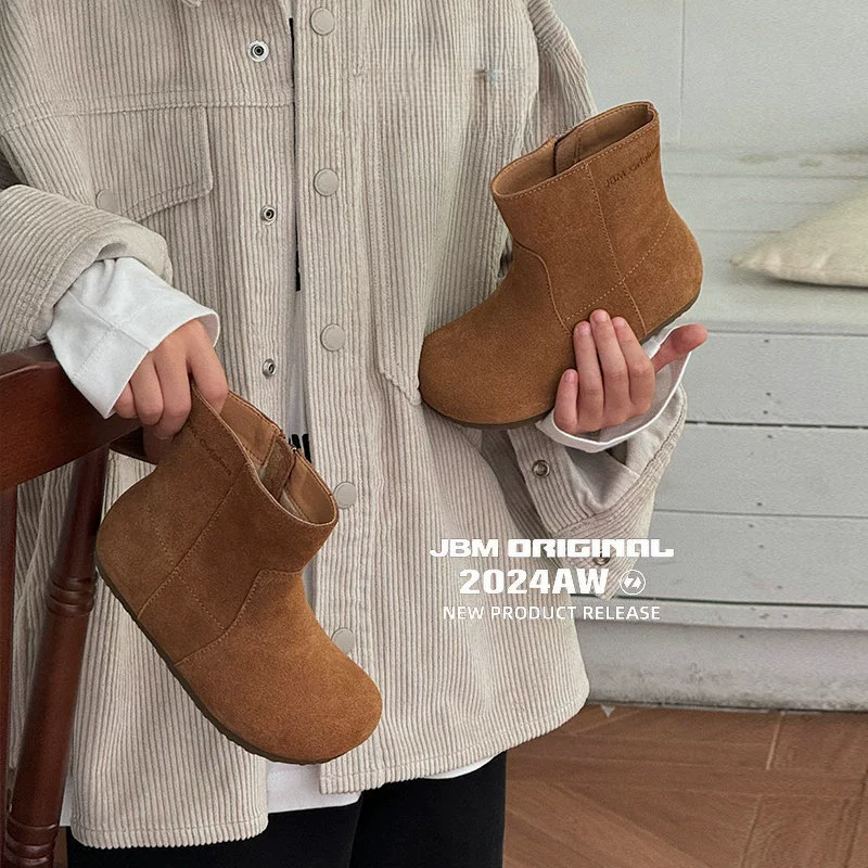 Demi-season fleece low boots, children's leather shoes, genuine leather, mid-length, internet celebrity