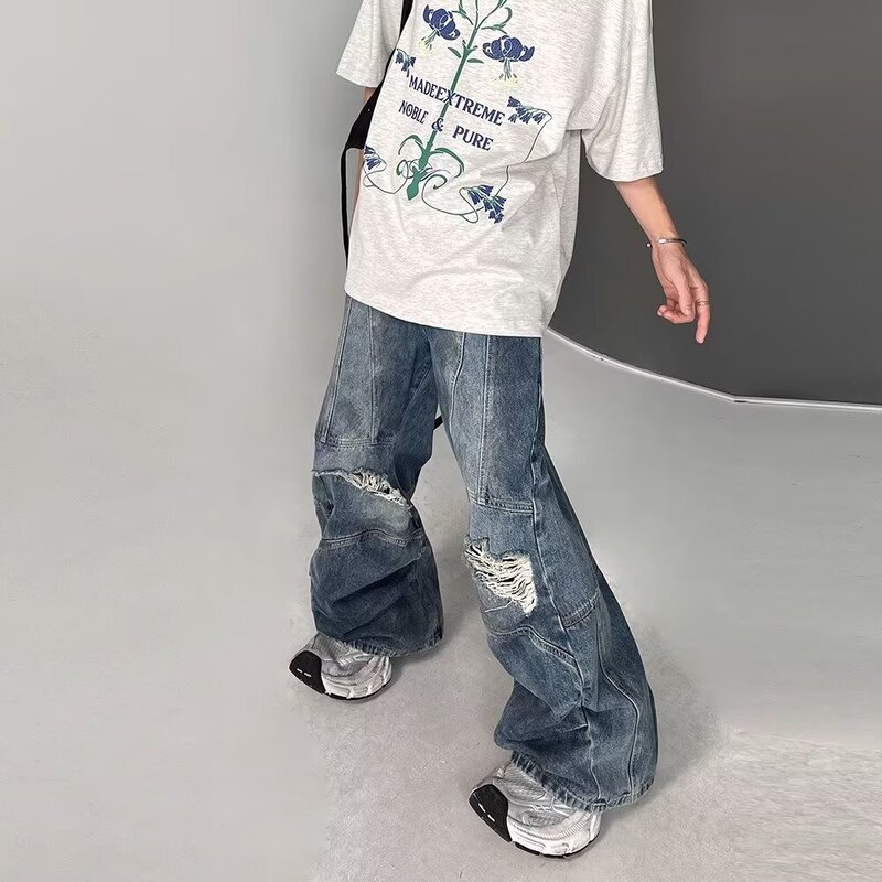 Ripped Pleated Washed Jeans Men's Summer New Loose Bf Lazy Style American Street Floor-Length Pants Ripped Pleated Washed Jeans Men's Summer New Loose Bf Lazy Style American Street Floor-Length Pants