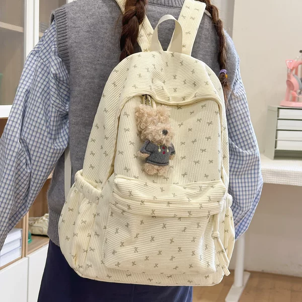 Corduroy Bow Large-Capacity Schoolbag Female Student Versatile Backpack for Class and Travel Corduroy Backpack