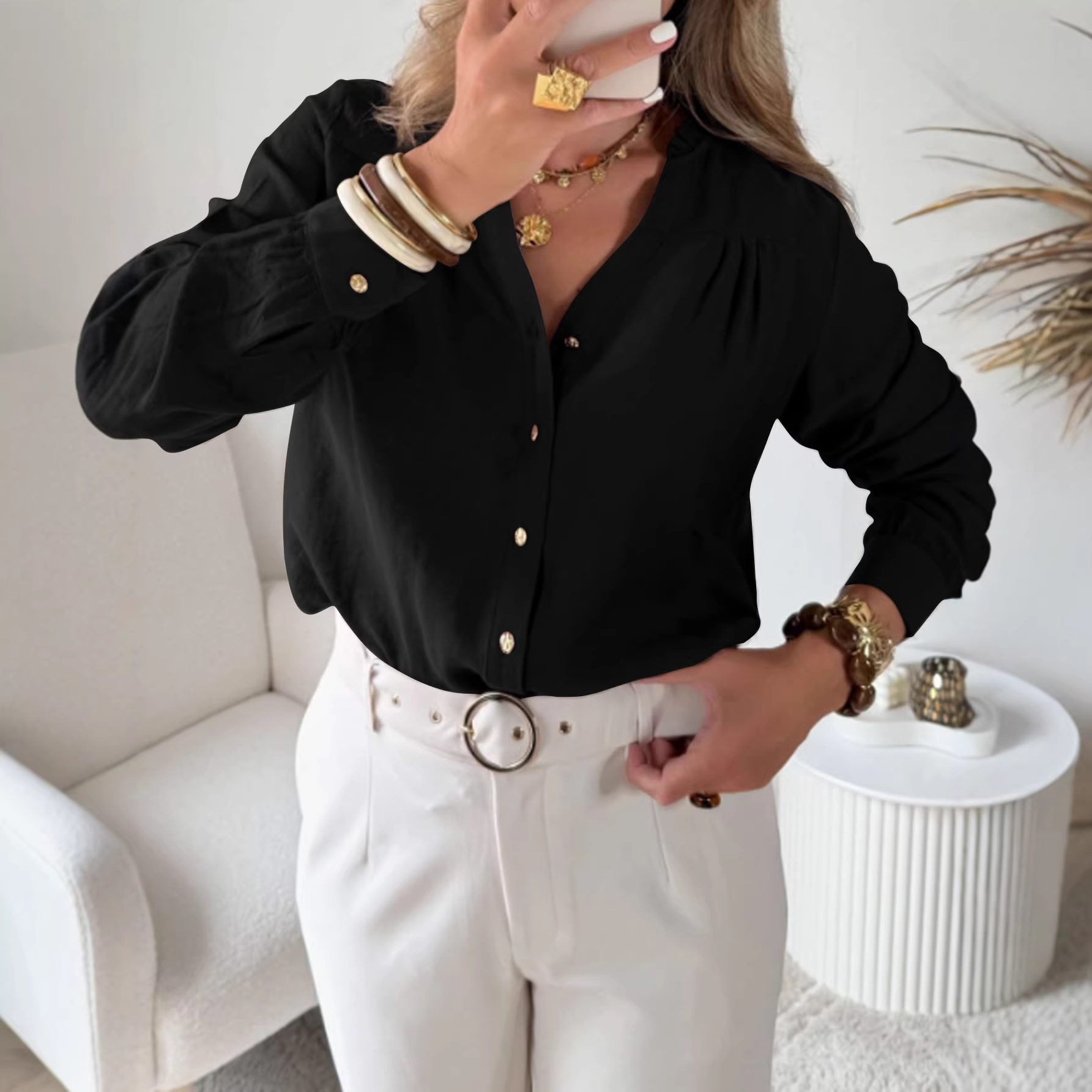 Plus Size Women's Ruffle Collar Blouse, Elegant Long Sleeve Shirt With Floral Lace Trim For Office & Casual Wear_voghion.com