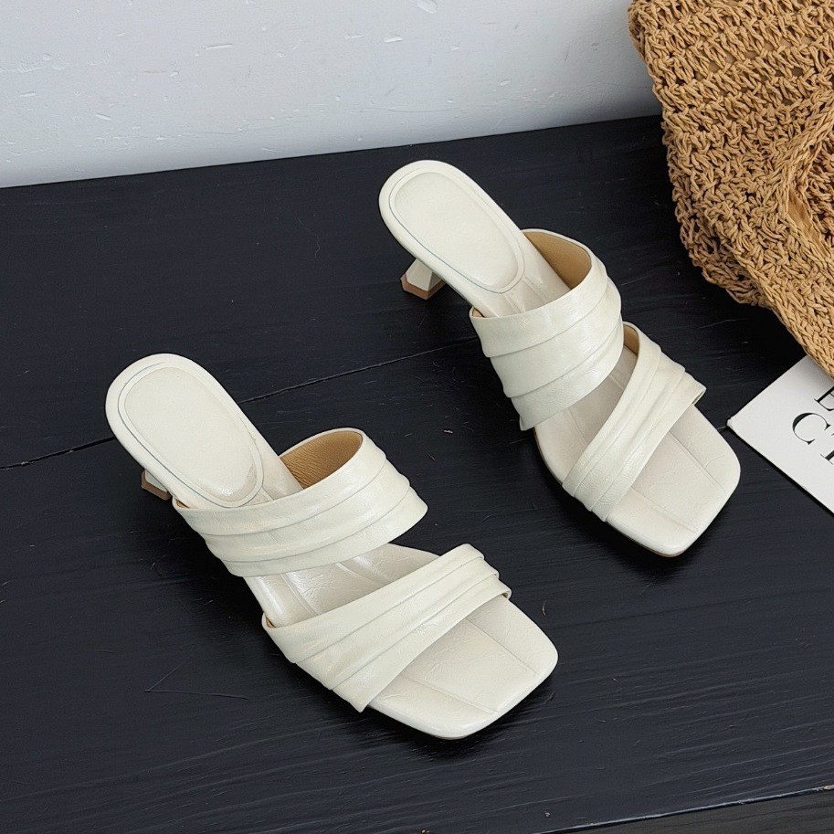 Sandal nữ da thật mũi vuông hở ngón quai ngang khóa gót thấp — đen, Màu trắng nhạt