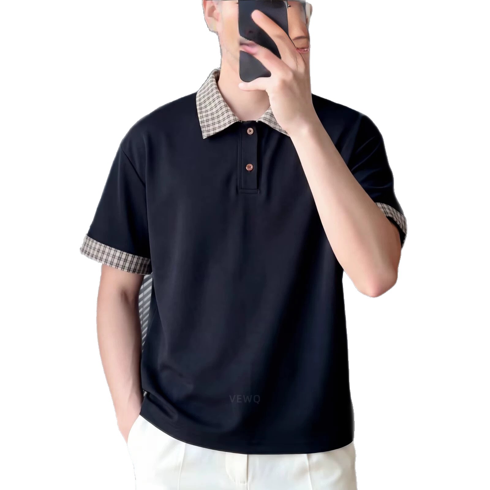 Men's Summer Plaid Patchwork Collared Polo Shirt Short Sleeved American Trendy Brand Versatile Loose Fit T-Shirt for Teenagers_viptrois.com