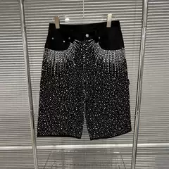 Heavy Niche Laser Baby's Sky Star Washed Old Diamond Cropped Pants Shorts with Strap Wide Leg Trendy Pants