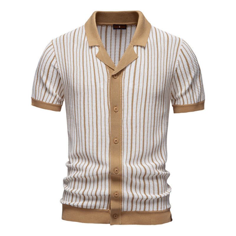 2025 Summer New Cross-border European and American Foreign Trade Men's Short-sleeved Knitted Polo Striped Fashion Business Polo Shirt for Men