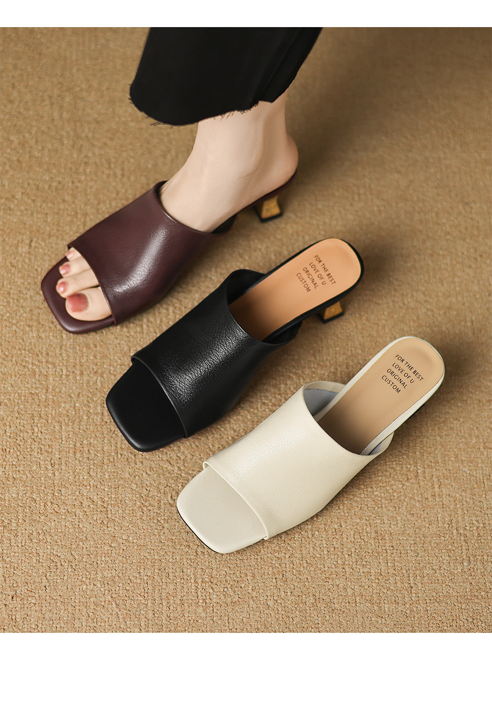 Sandal cao gót nữ mũi hở da cừu gót vuông 5 cm — đen chi tiết 1