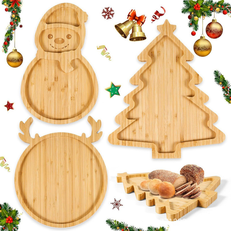 Cute Christmas Tree Dinner Plate Compartment Bamboo Decoration Theme Party Tableware Restaurant Dessert Fruit Snack Tray