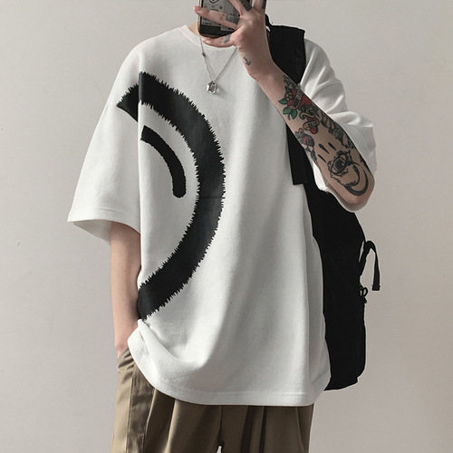 Fashion Men's Summer Streetwear Couple's Love Heart Short Sleeve T-Shirt Men's Korean Style Trendy Loose Round Neck Five-and-a-Half Sleeve Trendy T