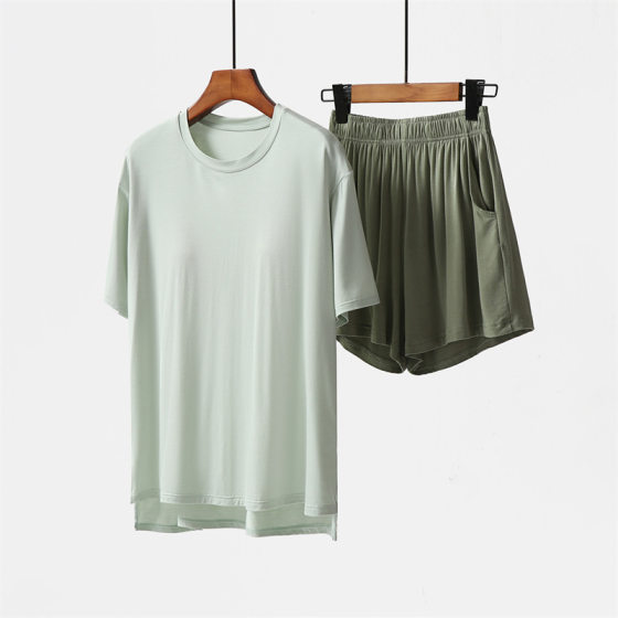 Women's Short-sleeved T-shirt with Chest Pad Shorts Set Summer Cool Wear-free Underwear Pajamas Home Wear Thin