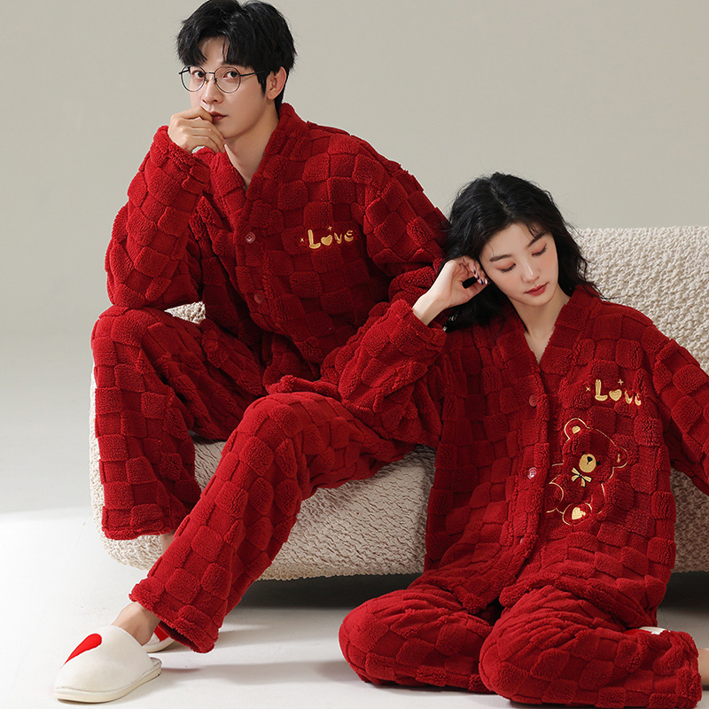 Wedding Red Thickeneded Velvet Pajamas for Women Winter Coral Velvet Flannel Jacquard Animal Year Loose Couple Pajamas
