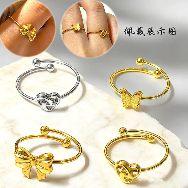 Titanium Steel Matte Butterfly Ring, Trendy and Unique, Simple and Versatile, Sweet Heart-Shaped Index Finger Ring, Peach Heart Love Ring
