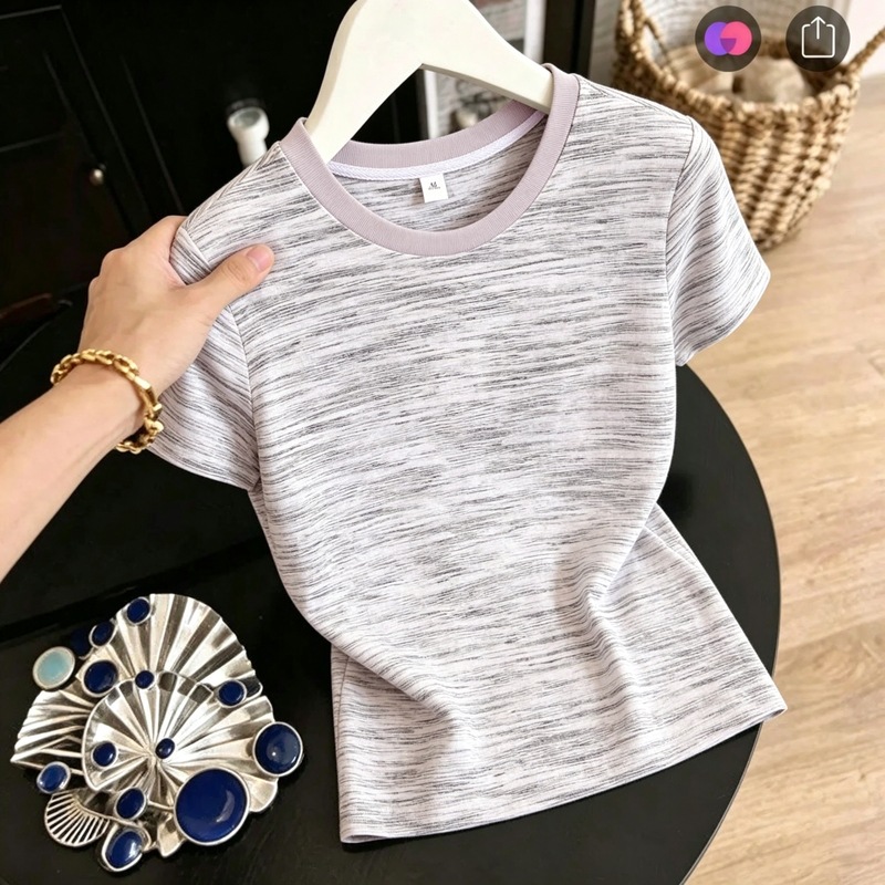 Color-Block Striped Short-Sleeve T-Shirt for Women, Summer Round Neck, Age-Reducing, Breathable, Regular Shoulder, Short Top T-Shirt