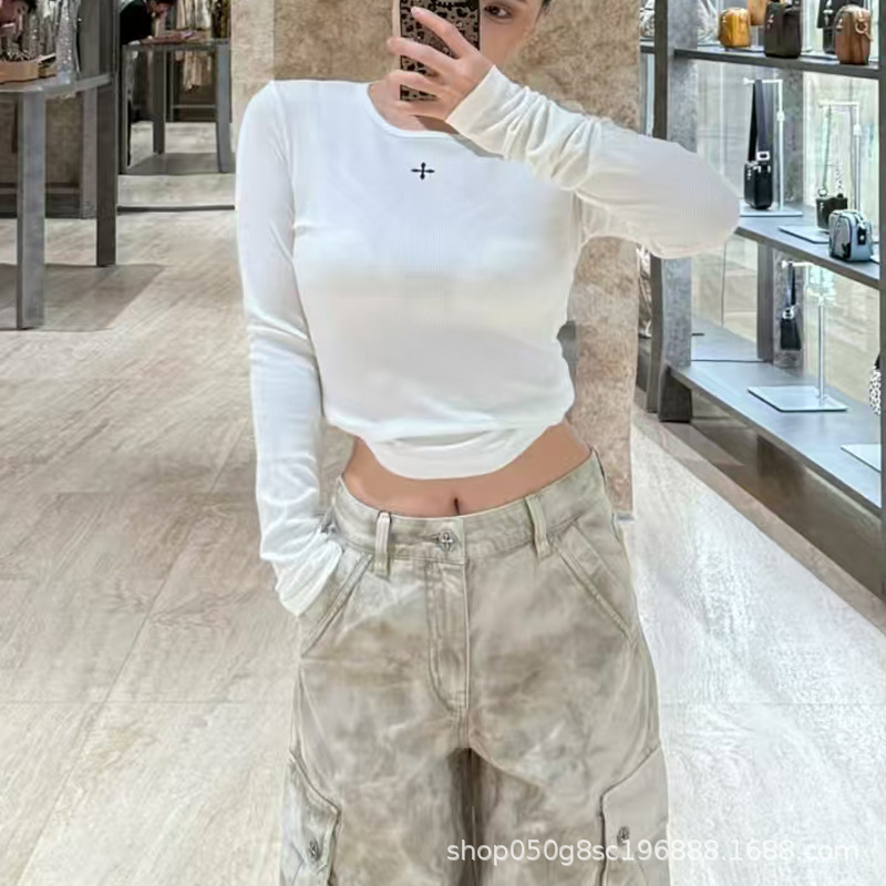 SMFK暴风褪色蚕丝运动长袖上衣十字经典套头修身超长T恤女025秋款|undefined