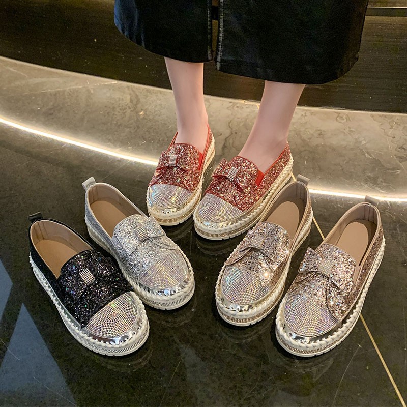 Damenschuhe Strass Plateau Loafer flache dicke Sohlen Freizeitschuhe für Damen Frühling und Herbst neue Bowknot Glitzer Pailletten Einzelschuhe_voghion.com