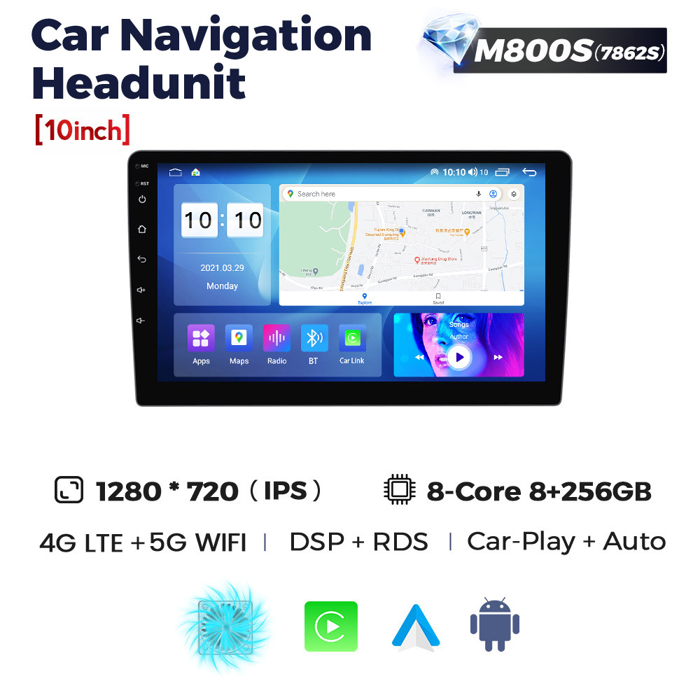 Pantalla Universal para Coche de 9/10 Pulgadas con Navegación de Alta Definición, Multi-Núcleo, Suministro Directo Transfronterizo, con Función de Reversa y CarPlay, de Fábrica Feilexing
