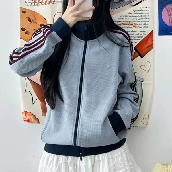 Adidas three-leaf clover waffle knit three-stripe women's sweatshirt, new spring/autumn Korean-style stand-up collar zip-up jacket