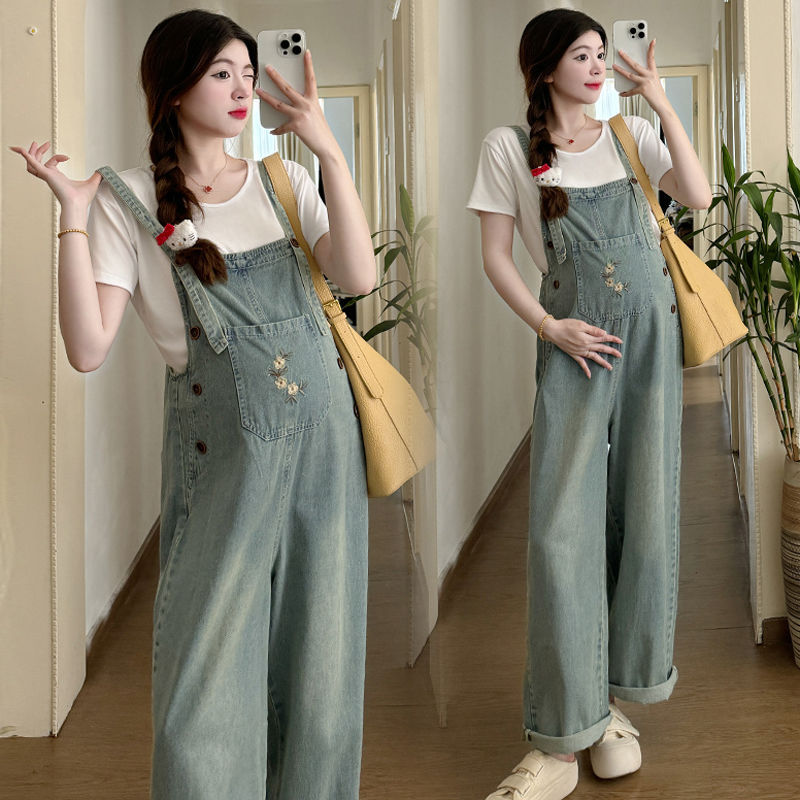夏装薄款牛仔背带裤女孕妇宽松减龄洋气小个子阔腿直筒连体裤套装