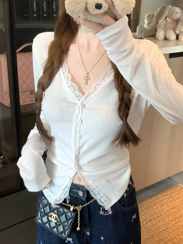 法式少女蕾丝花边软糯开衫女早秋修身V领外套超好看漂亮上衣2025|undefined