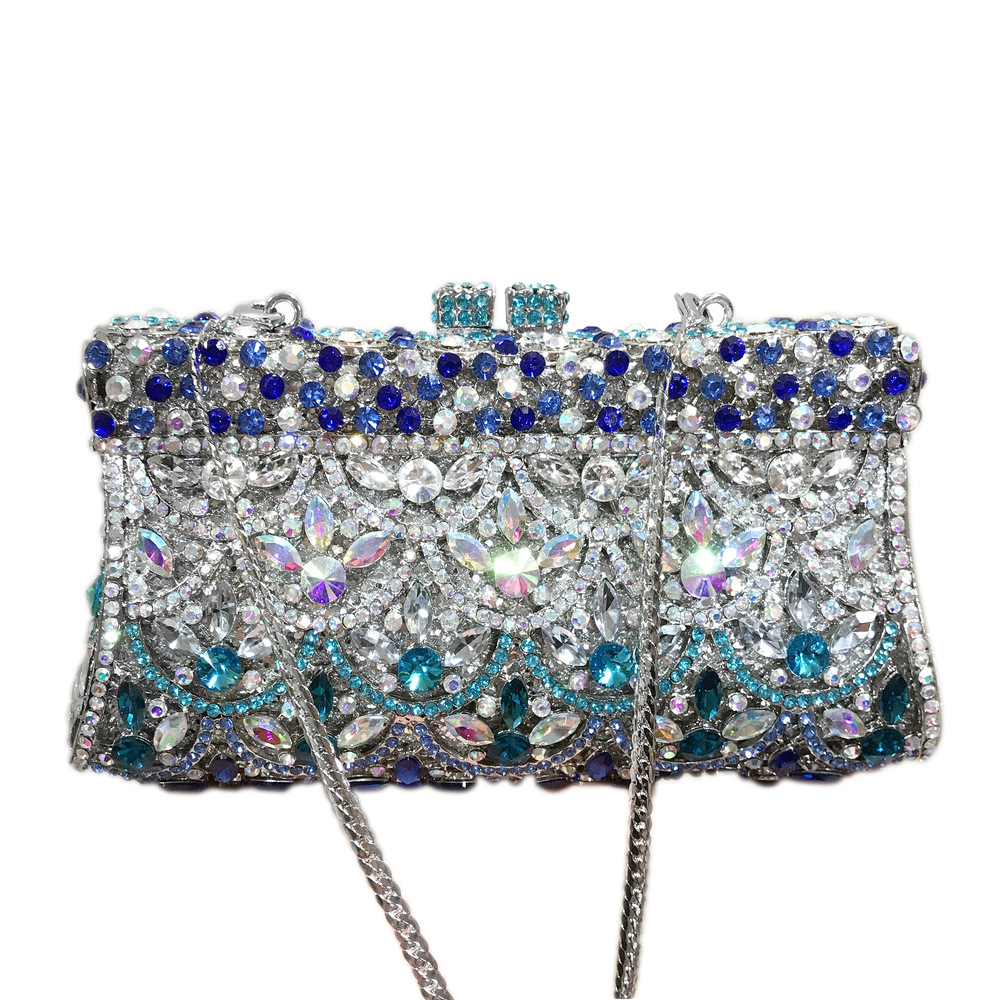Seleccione estrictamente BL134 bolsos huecos de metal con diamantes bolsas de banquete de porcelana azul azul azul plata bolsas de diamantes