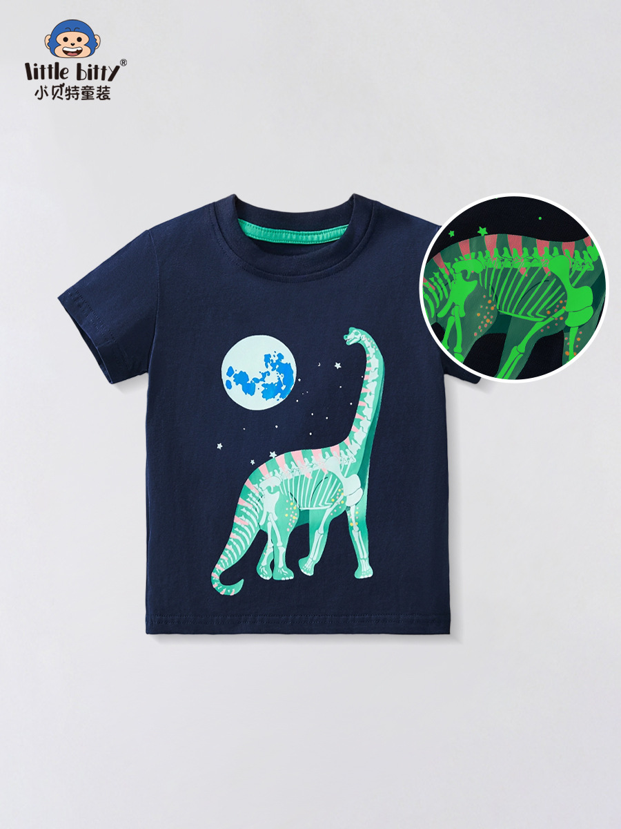 European and American Kidsren's Short-Sleeved 2025 Summer New Dark T-Shirt Dinosaur Pattern Kidsren's T-Shirt Boys Short-Sleeved