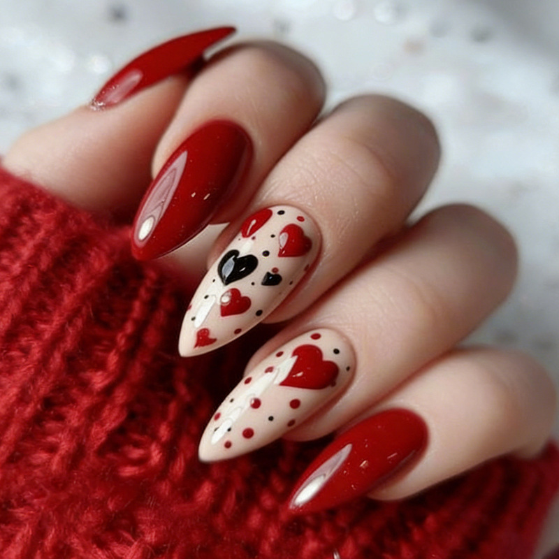 Valentine's Day Wearable Nails, Medium Length, Almond-Shaped, Red Heart Polka Dots, Simple Detachable Fake Nail Patches Valentine's Day Wearable Nails, Medium Length, Almond-Shaped, Red Heart Polka Dots, Simple Detachable Fake Nail Patches