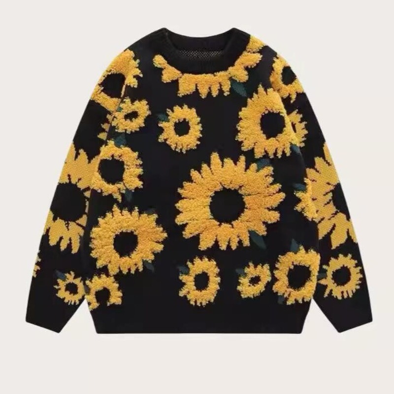 European and American Cross-border Sunflower Jacquard Pullover Sweater Women's Autumn and Winter New Loose Round Neck Long Sleeve Mid-length Sweater