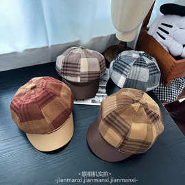 简约格纹女复古大头围显脸小鸭舌出游休闲早秋季百搭画家帽毛呢