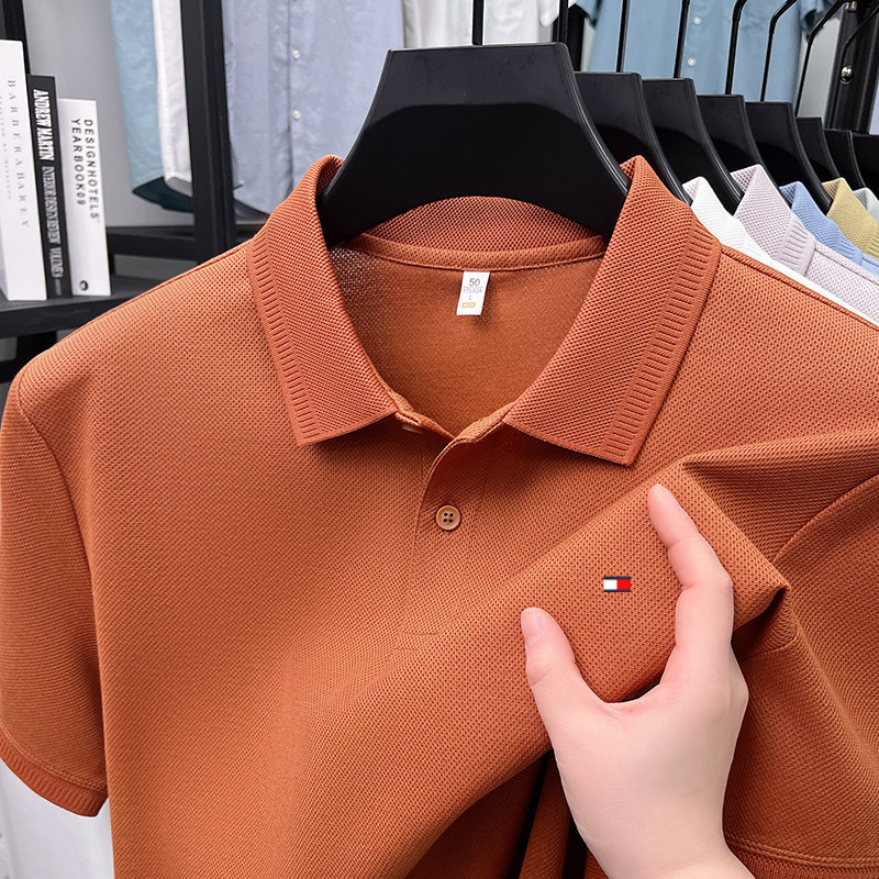 Summer Authentic Tommy 100% Cotton Lapel Short-Sleeved T-Shirt Men's Casual Tops Middle-Aged Pique Cotton Polo Shirt